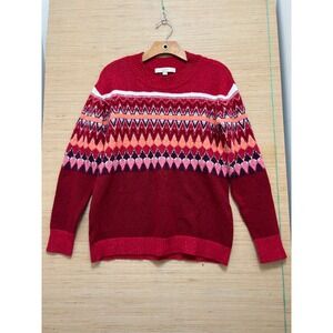 LOFT Red Fair Isle Snowflake Pattern Crew Neck Sweater Size Small